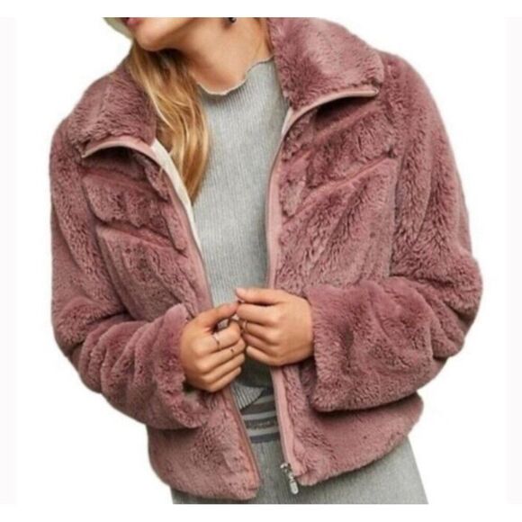 Anthropologie Faux Fur Lace Chevron Bomber dusty mauve Pink Long Sleeve Jacket S - Picture 1 of 9